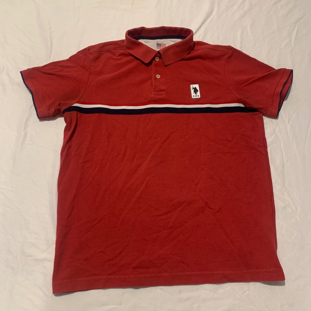 US Polo Assn Mens Red Short Sleeve Striped Pique Polo Shirt Large USPA